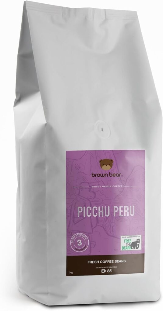 Picchu Peru Peruvian Medium Roast Coffee Beans 1kg – For All Coffee Machines – Strength 3 – Brown Bear Coffee – Donation to Free The Bears